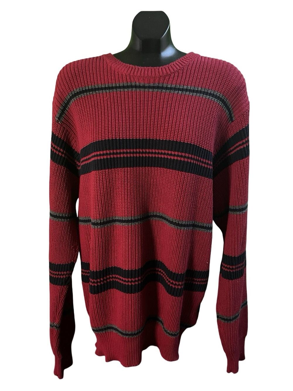 Nautica Men’s Sweater Red Black Grey Stripe Knit Crew Neck XXL
